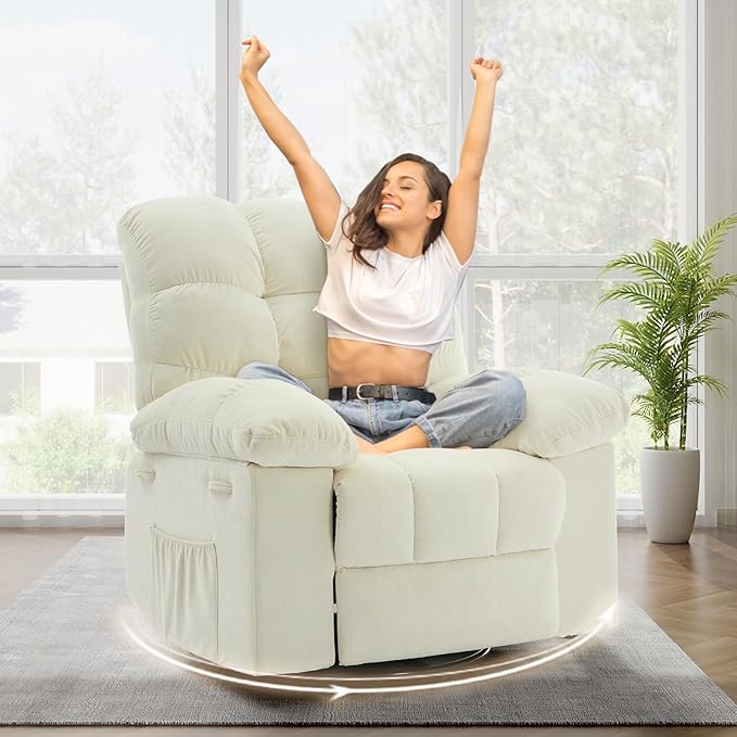 Rocking Recliner Chair,360° Swivel Rocker Chair for Living Room,Upholstered Fabric Glider Nursery Chair with Side Pockets for Small Spaces,Q235 Steel Frame Lazy Boy Recliner Single Sofa(Beige)