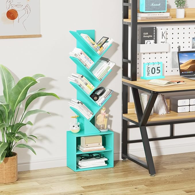 10 Tier Tree Bookshelf,Floor Standing Wood Tall Bookcase for Narrow Space, Storage Organizer Bookshelves for Books, Book Case for CDs/Movies/Books,Home Office,Living Room, Bedroom