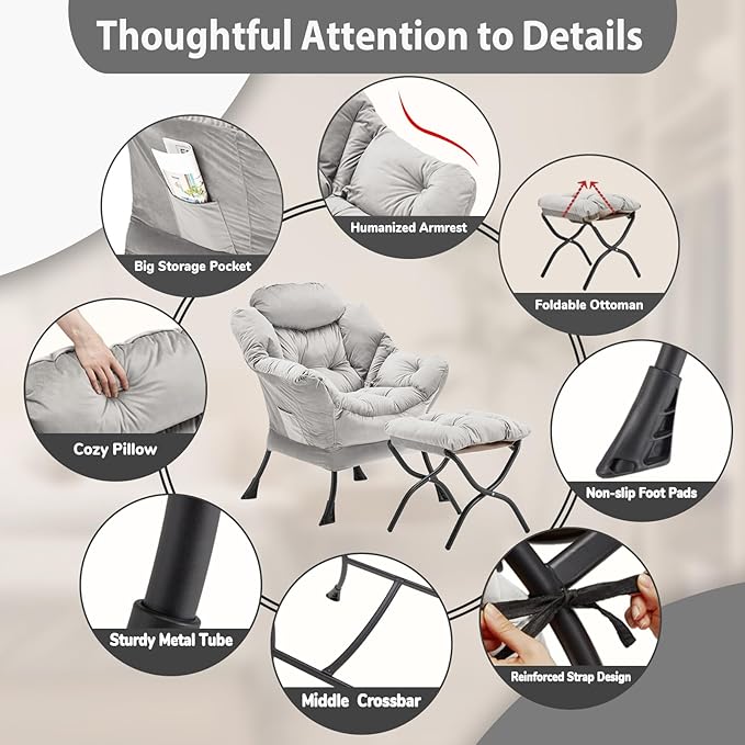 Lazy Chair with Folding Ottoman, Accent Chair Velvet Upholstered with Metal Structure and Non-Slip Pads, Sofa Armchair with Footrest and Side Storage Bag for Dorm, Room, Office, Light Gray