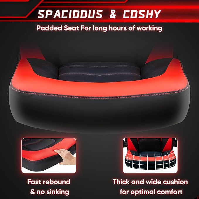 OLIXIS Computer Gaming Desk Chair - Big and Tall Ergonomic Comfy Lumbar Support with Flip-up Armrest and 360° Swivel Wheels, PU Leather Height Adjustable, for Home and Office, Red
