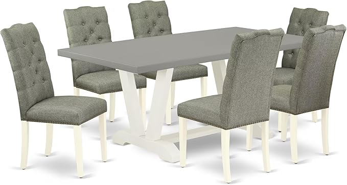 East West Furniture V097EL207-7 7 Piece Dining Table Set Consist of a Rectangle Kitchen Table with V-Legs and 6 Gray Linen Fabric Parson Dining Room Chairs, 40x72 Inch, Multi-Color