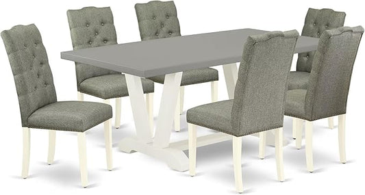 East West Furniture V097EL207-7 7 Piece Dining Table Set Consist of a Rectangle Kitchen Table with V-Legs and 6 Gray Linen Fabric Parson Dining Room Chairs, 40x72 Inch, Multi-Color