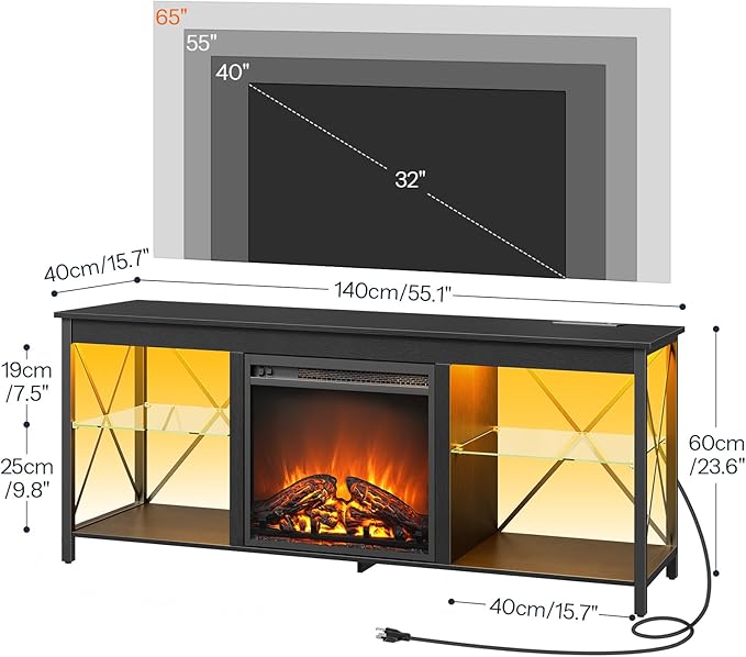 HOOBRO Fireplace TV Stand with Charging Station and LED Lights, TV Stand with Fireplace for TVs up to 65", Entertainment Center with Fireplace, Glass Shelves, Black BB140UDDS01
