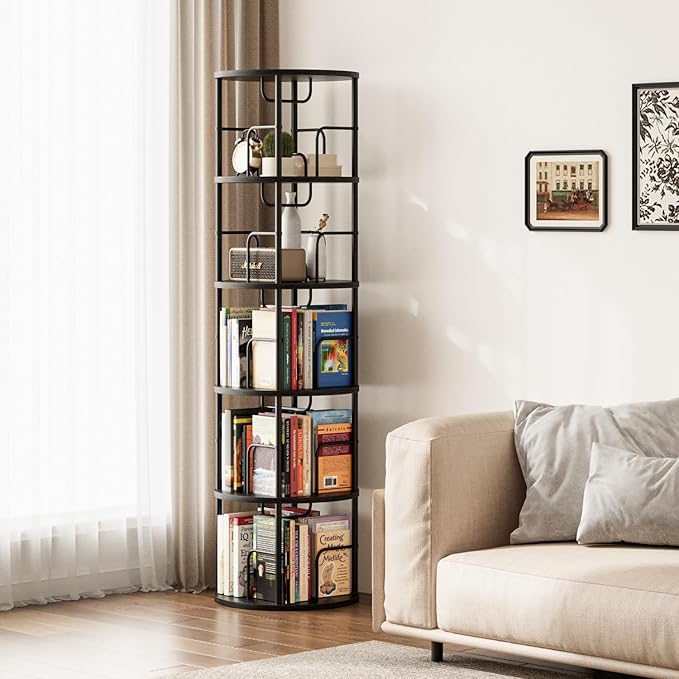 5 Tier Rotating Bookshelf, 360 Display Spinning Corner Bookshelf, Space-Saving Metal Frame Bookcase for Living Room, Office, Bedroom, Black