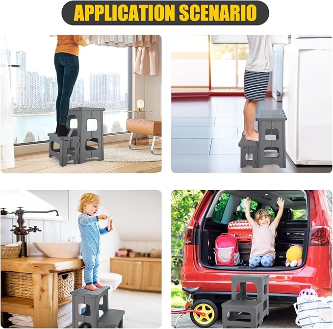 Folding 2-Step Stool for Adults Kids Non-Slip Collapsible Portable Step Stool for Kitchen Home Toilet Bedroom Office Bathroom Rv,Holds 300 Lbs(Grey)