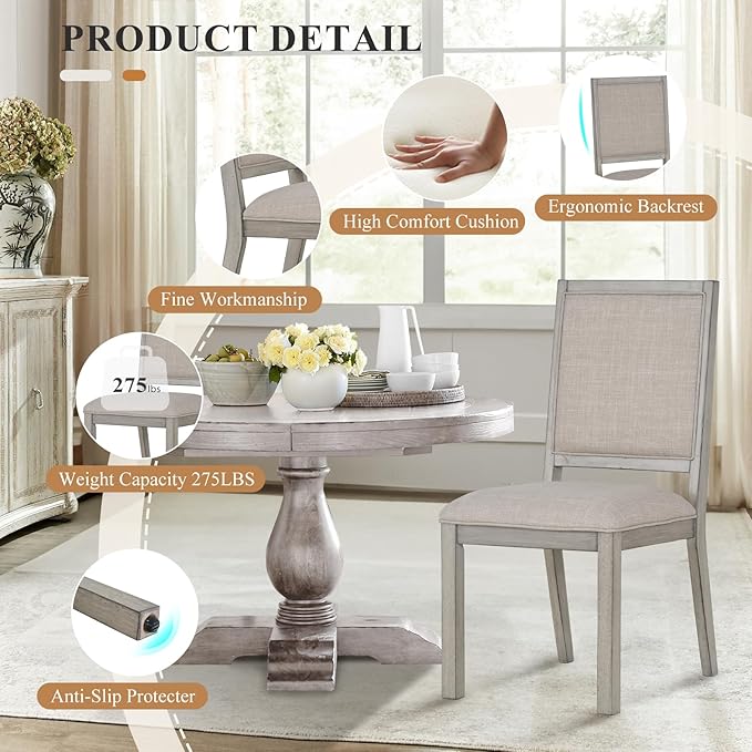 COLAMY Modern Rectangular Dining Table Set, 60" L x 36" W x 30" H, Grey Wood & Fabric, 4-6 Person Capacity, Requires Assembly