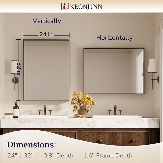 Keonjinn 24 x 32 Inch Brushed Bronze Mirror, Rectangle Bathroom Vanity Mirror for Wall, Aluminum Alloy Framed, Modern Farmhouse, Rectangular Square Corner, Decorative(Horizontal/Vertical)