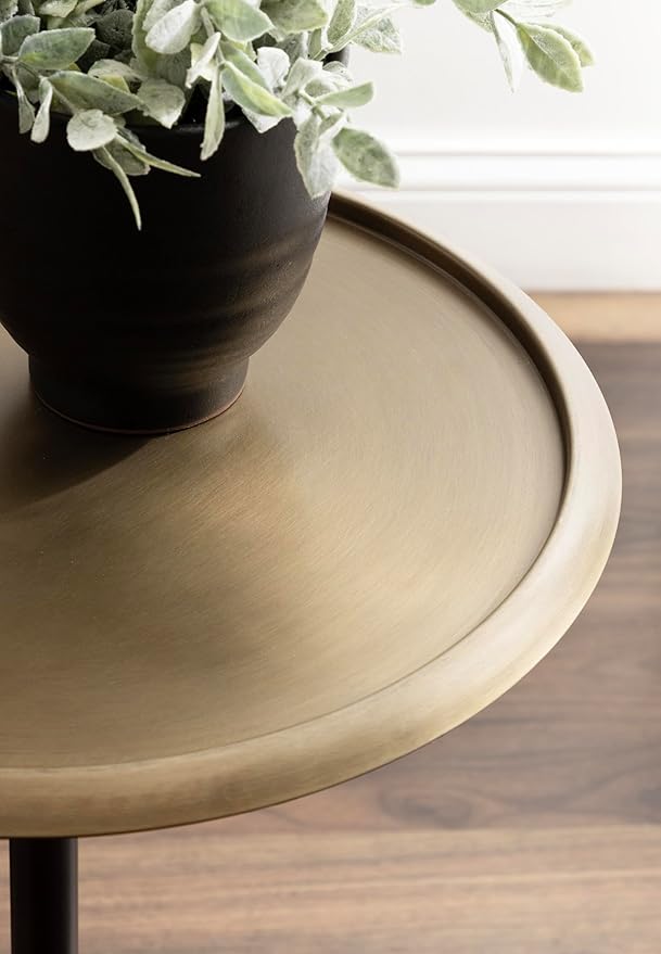 Kate and Laurel Sanzo Modern Pedestal Round Side Table; 15 x 15 x 24; Antique Brass and Black; Circle End Table with Metal Tabletop for Use as Indoor Plant Stand or Bedroom Nightstand
