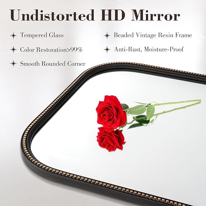 Axeman 32x48 Rounded Rectangular Wall Mirror, Decorative Bathroom Mirror, Traditional Vintage Wall Mounted Mirror with Beaded Frame for Accent Living Room Vanity Bedroom Entryway, Black