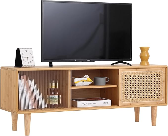 Welnow Rattan TV Stand for Up to 55 Inch, Mid Century Modern Bamboo Entertainment Center with 2 Cabinets & Adjustable Shelf, Storage Media Console Table for Living Room, Bedroom, Natural