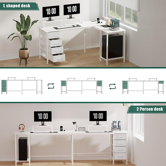 59 inch L Shaped Computer Desk with Power Outlets, Home Office Desk with 4 Adjustable Storage Drawers & 2 Monitor Stands, Two Person Gaming Table for Bedroom, White
