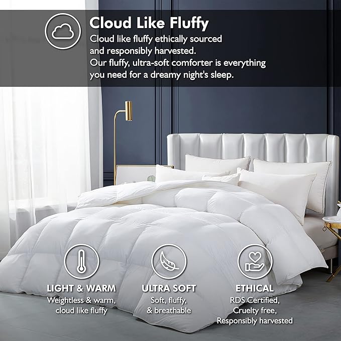 Luxurious White Solid Heavy Weight, California King Size Goose Feathers Down Comforter for Winter Weather Duvet Insert, Premium Baffle Box, 100% Egyptian Cotton Cover, 80 oz. Fill Weight