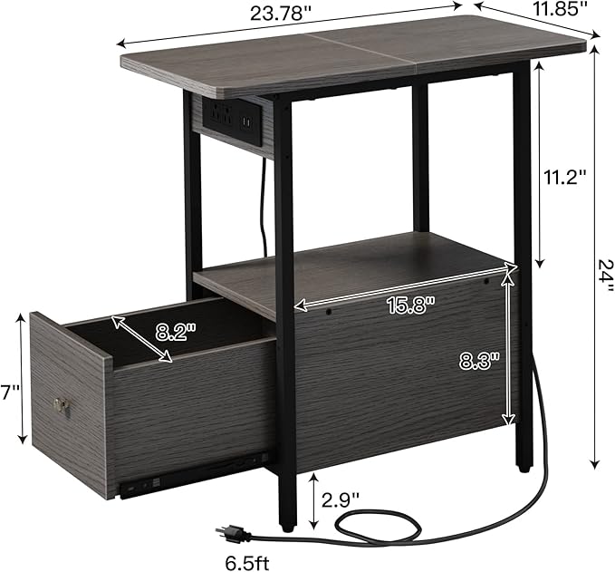 LIDYUK End Table with Charging Station, Narrow Side Table with Drawer and USB Ports & Power Outlets, Nightstand Bedside Tables for Small Spaces, Bedroom, Living Room, Dark Grey