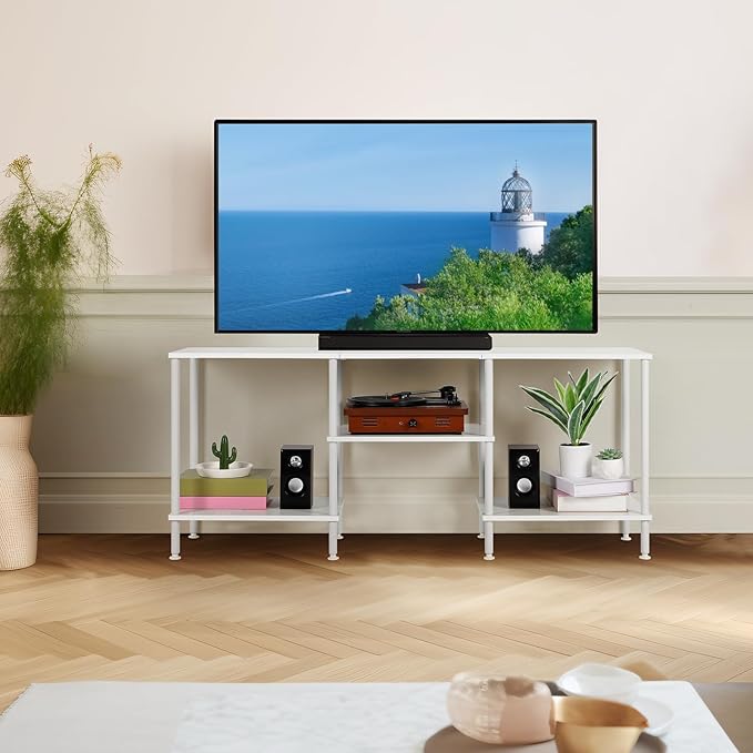 White TV Stand with Storage for 50 Inch TV Modern Entertainment Center with Open Storage Shelves 3 Tier Wood TV Console Table Media Cabinet for Living Room Bedroom Office