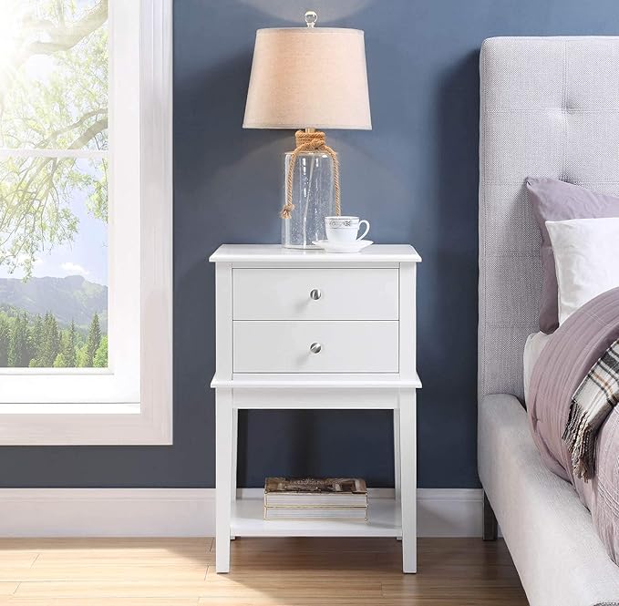 conifferism White Nightstand 2 Drawers and Storage Shelf, 28" High Bedroom Night Stand, Contemporary Modern Bed Side Table, Living Room Country Cottage 19" Wide End Table Metal Sliders