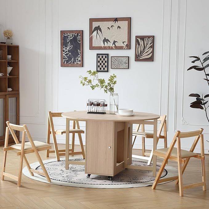 Wood Round Folding Dining Table with 4 Chairs, Solid Wood Folding Chair Set of 2, Space Saving Foldable Dining Table with 4 Chairs