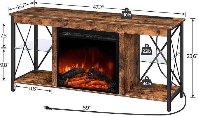 HOOBRO Fireplace TV Stand with Charging Station and LED Lights, TV Stand with Fireplace for TVs up to 55", Entertainment Center with Fireplace, Glass Shelves, Rustic Brown and Black BF120UDDS01