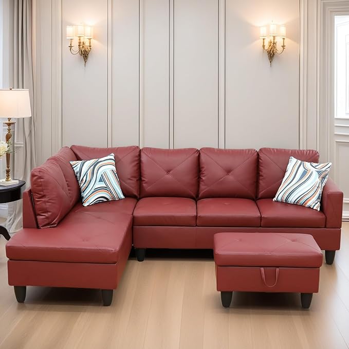 Leather Sectional Couch, Modern L Shaped Couches for Living Room, Comfy 4 Seat Modular Sectional Sofa with Ottoman Storage for Bedroom Apartment, Red