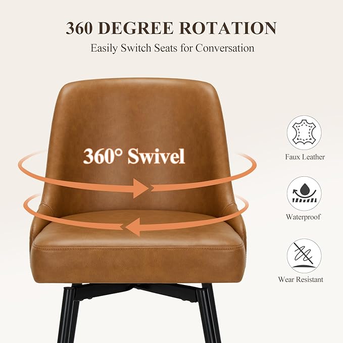 COLAMY Bar Stools Set of 2, 26.18" Counter Height Swivel Stools with Thick Padded Seat, Adjustable Footrest & 360° Rotation, Premium PU Leather Upholstery for Kitchen Island/Home Bar/Cafe, Brown