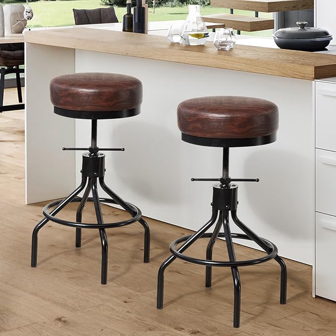 Industrial Barstools Set of 2 Adjustable Swivel Round Bar Stools Modern PU Leather 28inch Backless Counter Height Stool Metal Bar Chair for Kitchen Island (2, Walnut)