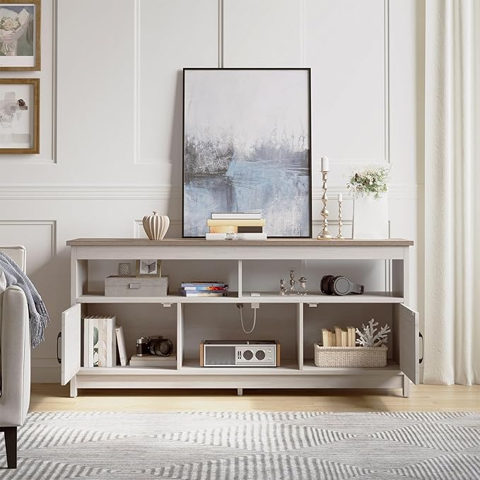 YITAHOME TV Stand for 65/55 Inch TV, Farmhouse Entertainment Center with Storage, Power Outlets and Open Shelf, Media Console TV Cabinet for Living Room, Grey White & Grey Wash