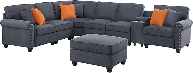L-Shape Modular Sectional Sofa for Living Room with Movable Ottoman & Nailhead Trim Armrest,7 Seat Convertible Sectional Couch W/Cup Holder,USB Port & Hidden Storage Box,6 Pillow,Gray,127"