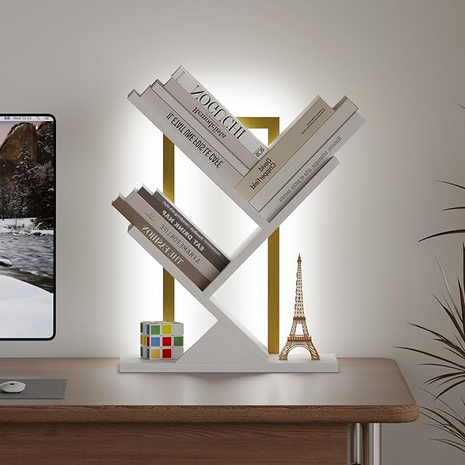 Tree Bookshelf with LED Lights, 3 Tier Floor Standing Bookcase, Classical Corner Shelf Kids Bookshelf, Tall Wood Book Storage for Bedroom, Living Room, Home Office, White