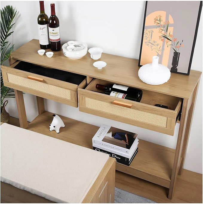 Console Table with Rattan Drawers Boho Entryway Table Narrow Long Sofa Table for Entrance, Hallway, Living Room, Couch