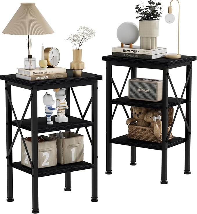 VECELO Modern Nightstands X-Design Side End Table Night Stand with Storage Shelf for Bedroom,Living Room,Set of 2 (Black A2)