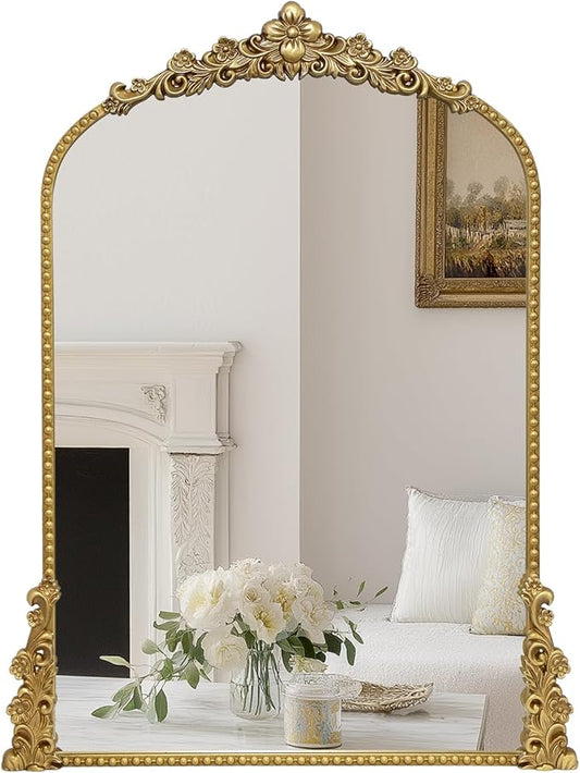 Vintage Arched Mirror, 24"x 36"Antique Baroque Mirror Style Metal Beaded Frame for Entryway Hallway Living Room,Vintage Gold
