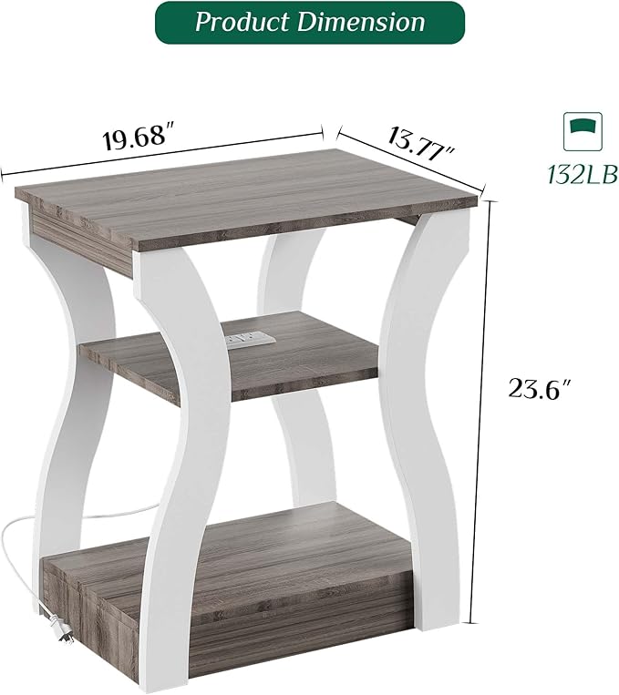 End Tables for Living Room, Side Tables with Charging Station, 3-Tier Night Stand Set of 2, USB Ports & Outlets, Storage Shelf - for Bedroom, Office, Bathroom, White