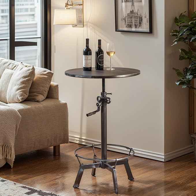 LOKKHAN 33.5"-39.4" Tall Industrial Bar Table-Adjustable Bar Height Pub Table-23.7" Dia Swivel Round Metal Top-Easily Adjusts by Crank Handle, Silver Gray