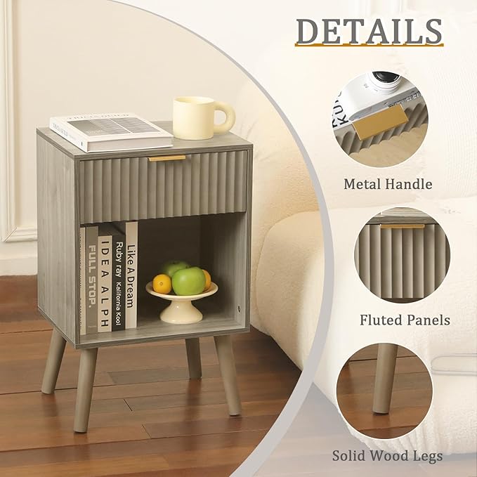 Mid Century Modern Nightstand, Wood Bedside Table with Drawer and Opening Storage, End Table Living Room Fluted Night Stand with Solid Wood Legs for Bedroom (Grey)