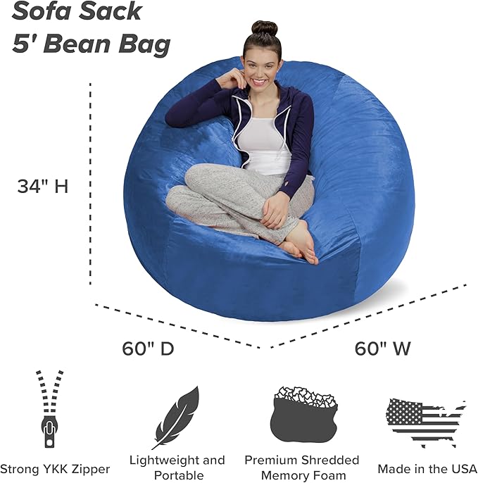 Sofa Sack Bean Bag Chair - Plush, Ultra Soft - Memory Foam Bean Bag Chair with Microsuede Cover - Stuffed Foam Filled Furniture and Accessories for Dorm Room 5 Feet - Royal Blue