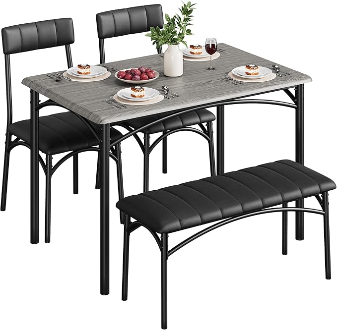 Dining Table Set for 4, Small Dining Table Set with Upholstered Bench and 2 Chairs, Kitchen Table and Chairs for 4, for Small Space, Apartment, Dinner, Rustic Gray