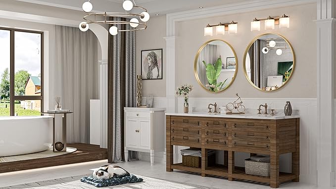 TokeShimi Brushed Gold Round Mirror 24 Inch Gold Round Vanity Bathroom Mirror for Wall Aluminum Alloy Matte Metal Frame Modern Gold Circle Mirror Fit in Minimalist Multi Style Home Decor