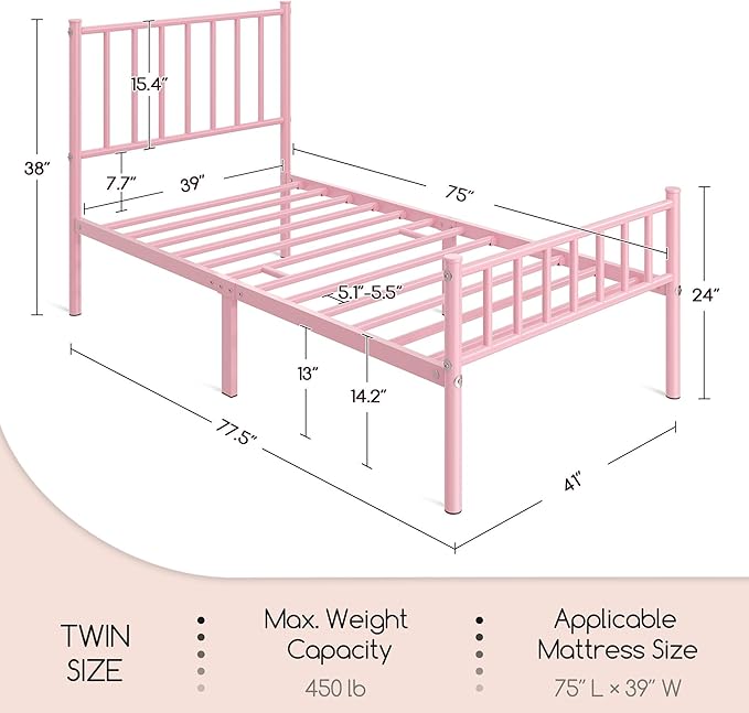 Yaheetech Twin Size Bed Frame Metal Platform Bed Frame Mattress Foundation with Spindle Headboard & Footboard/No Box Spring Needed/14 Inch Underbed Storage/Firm Support & Easy Set up Structure, Pink