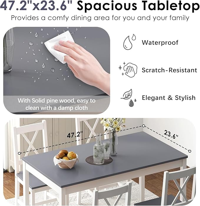 sogesfurnituer 5 Piece Kitchen Dining Room Table Sets for 4, Modern Space-Saving Dining Furniture, 47.5'' Pastoral Rectangular Dining Table Furniture Set for Kitchen, Grey&White
