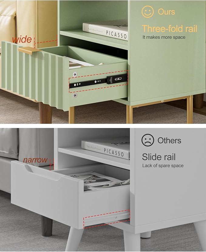 Nightstand,Modern Bedside Table with Gold Frame,Green Night Stand,Bedside Furniture, Modern Side Table with Drawer and Shelf for Bedroom,Living Room (Green)