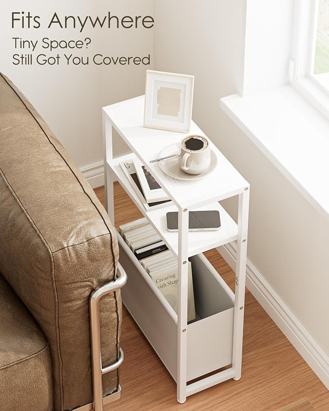 Narrow Side Table, 3-Tier Side Table with Storage Bag, Narrow Nightstand for Small Spaces, Bedside Table for Living Room, Bedroom, White