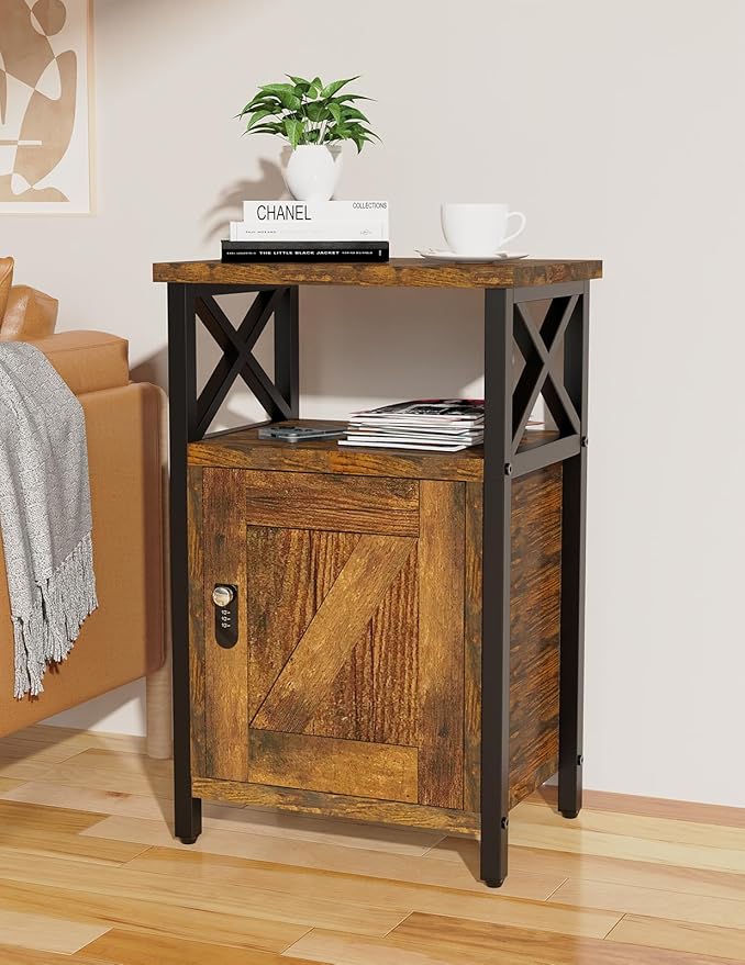 Night Stand with Locking Drawer, Bedside Table with Drawers, Wooden Bed Side Table with Storage, Nightstand with Shelves, End Night Tables For Bedroom, Living Room, Dorm, Office (Rustic Brown)