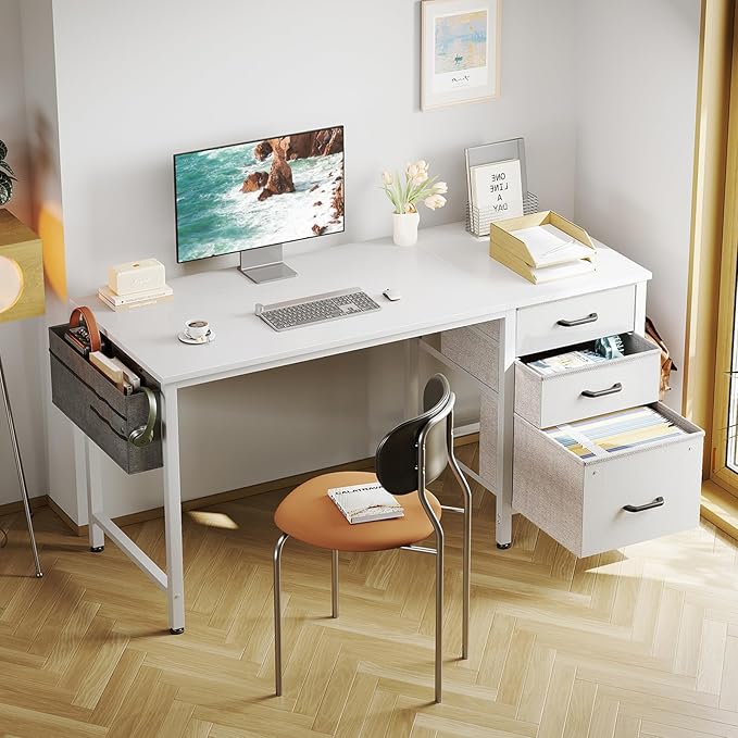 Casaottima 48" Small Computer Home Office Desk for Bedroom with Fabric Drawers & File Cabinet, Cloth Storage Bag and Hook, Writing Study Work Table for Small Space, White