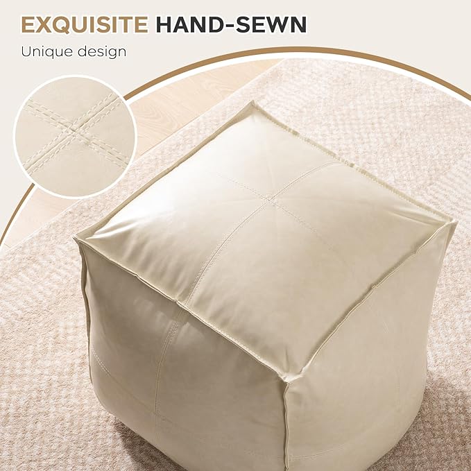 17.7" Square Unstuffed Pouf Ottoman Cover (Only Cover No Filler), Pu Leather Poufs Cube Foot Stool Poofy Ottomans Footrest, Casual Footstool for Living Room, Perfect to Rest Your Feet, Beige