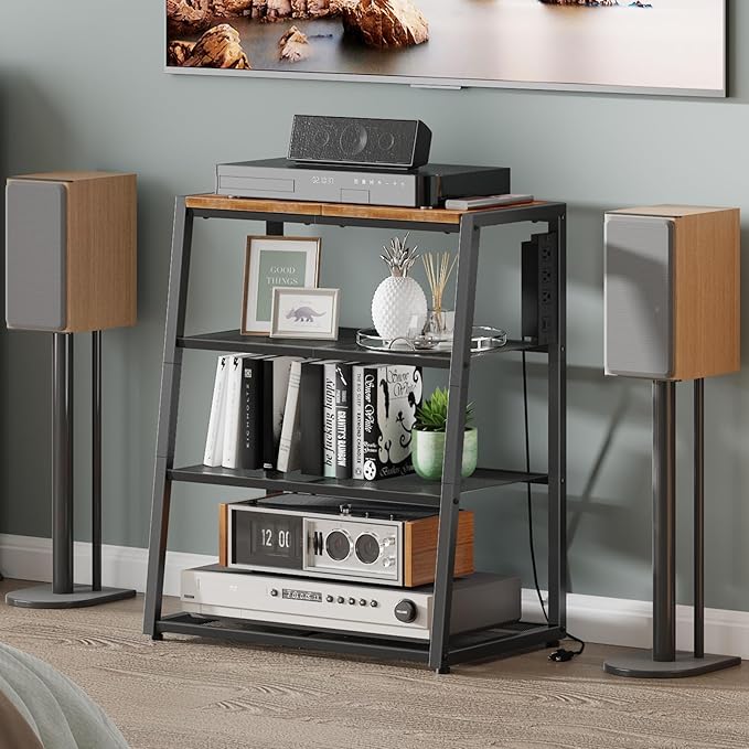 HOOBRO 4-Tier AV Media Stand with Charging Station and LED Light, Wooden Stereo Cabinet, Corner TV Stand, Rack Audio Tower, Corner Entertainment Center, Rustic Brown and Black BF107UDCJ01