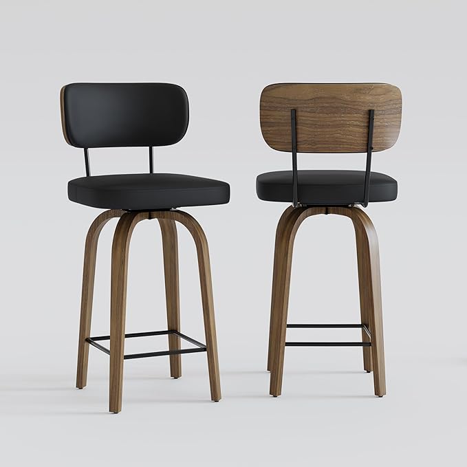Swivel Counter Height Bar Stools with Back Set of 2, 26" Faux Leather Kitchen Bar Stools with Wood Legs and Metal Footrest for Kitchen Island (Black PU)