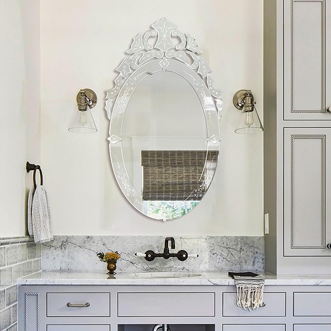 KOHROS Oval Bathroom Mirror 42" x 24" Venetian Mirror with Top Crown Floral Etched Frameless Decorative Wall Mirror for Vanity Bathroom Bedroom Living Room