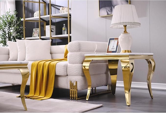 Gold End Table Set of 2, Modern White Living Room Side Table with Gold Metal Cabriole Legs, Square End Table for Sofa Couch, Living Room, Bedroom, Office