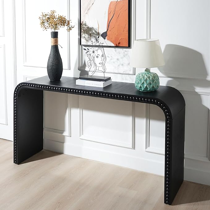 KEIKI Wood Console Table Behind Couch & Sofa, Retro Style with Curved Waterfall & Wood Beads Design, for Entryway, Living Room, Black