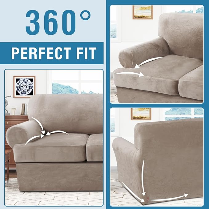 H.VERSAILTEX Sofa Cover 4 Piece T Cushion Sofa Slipcovers Thick Velvet Couch Cover Furniture Protector Stretch Sofa Covers for 3 Cushion Couch with 3 Individual T Cushion Covers Washable, Taupe