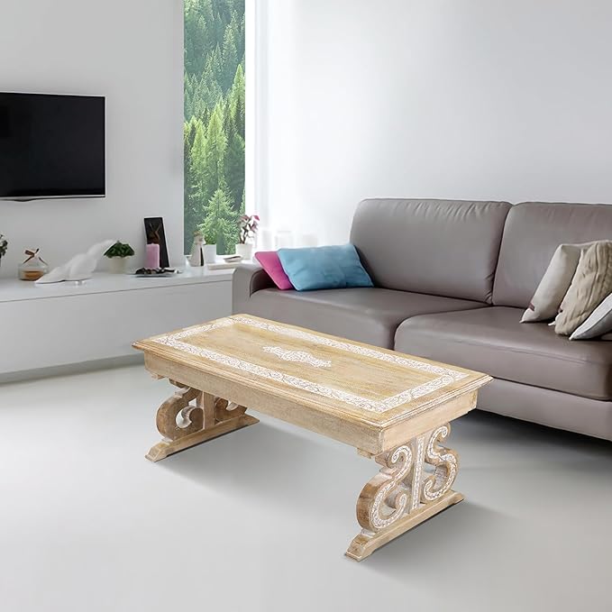 Lightnpro Mango Wood Rectangular Coffee Table - Living Room Center Table, Rustic Vintage Charm, Eco-Friendly Furniture, Reclaimed Wood - 40x18 Inch White Wash Finish